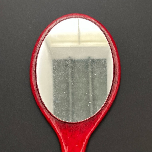 Rare Vintage 1960s Red Wooden Handmade Decorative Hand Mirror, Artist Signed - Picture 13 of 16